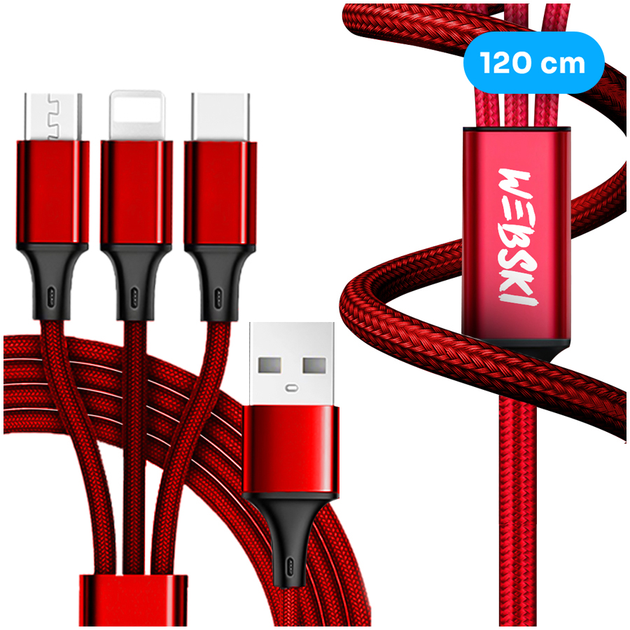 Kabel USB 3w1 ProSeries w oplocie 1.2m – czerwony KAB3W1WB_RD